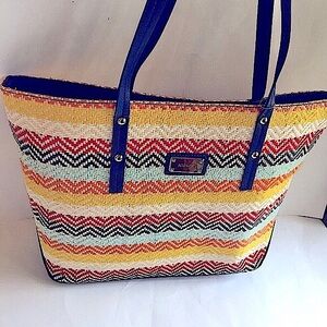 Nine West multicolor woven straw Tote Bag with blue leather NWT Bag